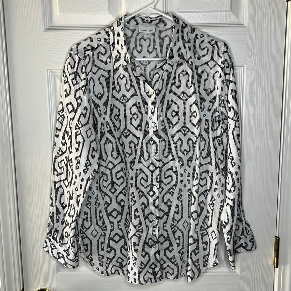 J Jill Love Linen Button Down Top White and Black Long Sleeve Size Small